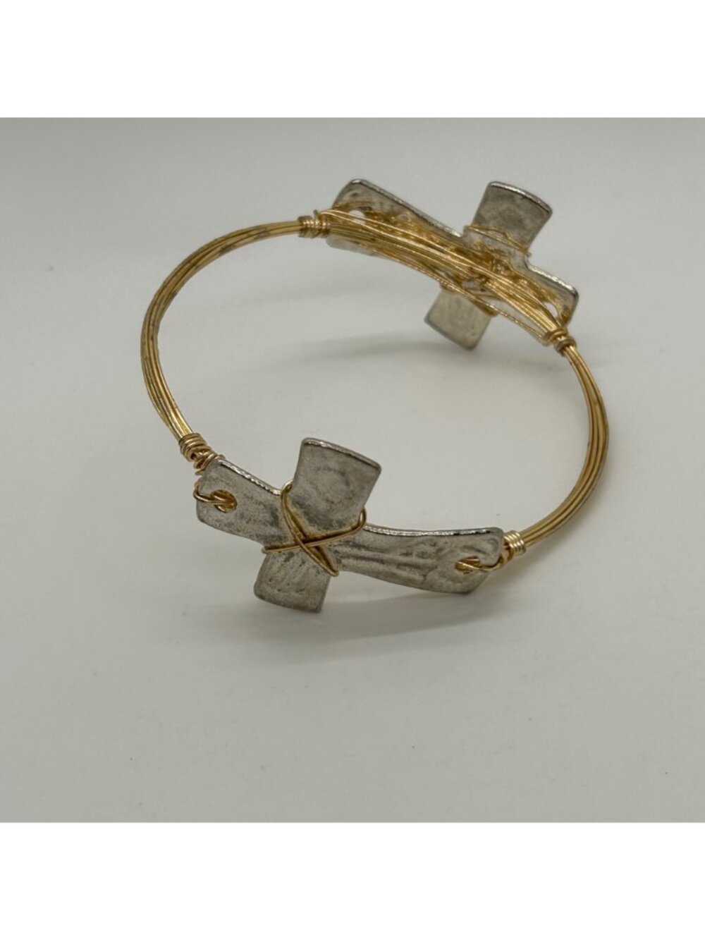 Mixed Metal Bracelet Gold Tone Wire Wrapped Silver Tone Cross Bangle Religious - Picture 2 of 12